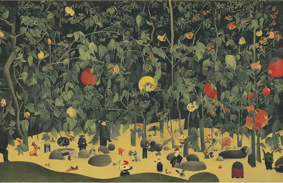 Image similar to the three body problem, style of henri rousseau and richard scarry and hiroshi yoshida, cinematic