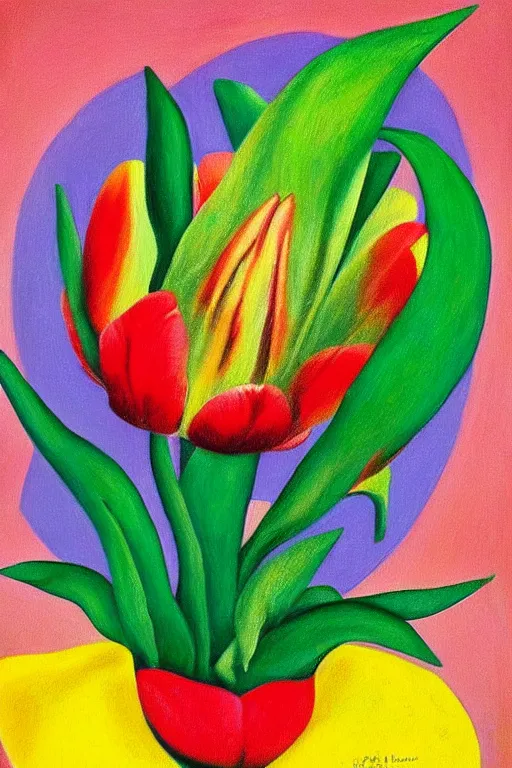 Prompt: a colorful painting of a tulip in the stale of frida kahlo with the colors of mexico