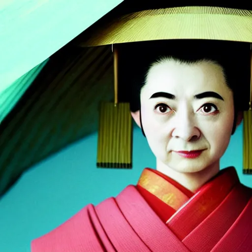 Image similar to rowan atkinson dressed as a traditional japanese woman, cinematic shot, dynamic lighting, close up, impressive winning photo, pastel colors