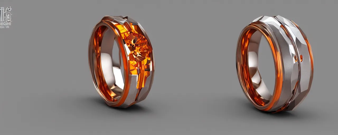 Image similar to simple tungsten magic crystal ring, radiant cut, fire, orange, gold, smooth shank, crystal, engravings, diamonds, product design, jewelry, colorful, art by gerald brom, greg rutkowski and artgerm, photo realism, unreal engine, c 4 d