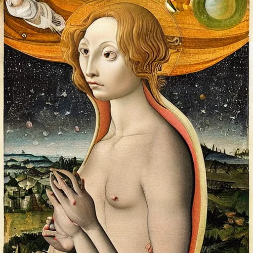 Image similar to woman stargazing stars planets aliens, inspired by botticelli, bosch, in collection of louvre, hyperdetailed, detailed