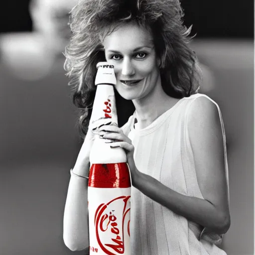 Image similar to a 1980s supermodel holding a coke bottle in her left hand about ready to take a sip