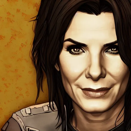 Image similar to sandra bullock portrait, borderlands, tales from the borderlands, the wolf among us, comic, cinematic lighting, studio quality, 8 k