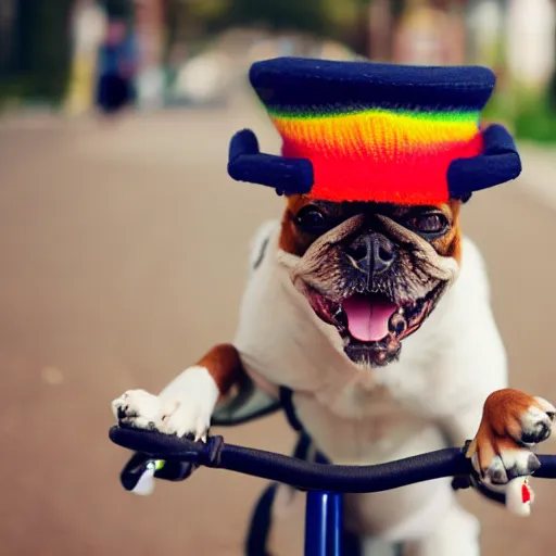 Prompt: dog riding a bike with funny hat that says LOL, 8k