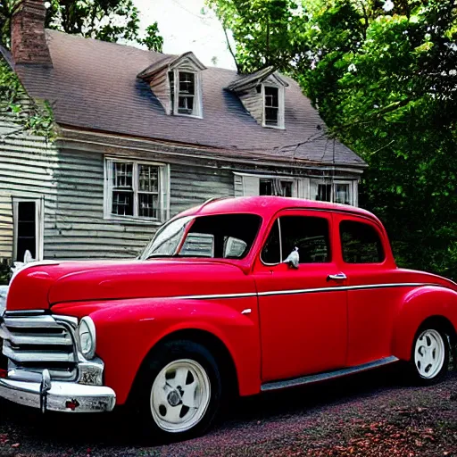 Prompt: a vintage red ford parked in front of an american traditional house, by william christenberry, beautiful, precise, iso 2 0 0, ultra detailed