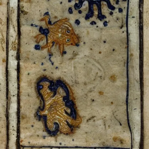 Image similar to a bad drawed cow mix of a seafish in a medieval manuscript, medieval manuscript, golden miniatures