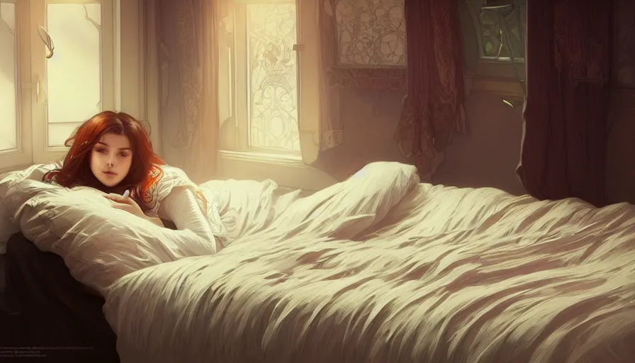 Image similar to small and cosy student bedroom, girl in bed, intricate, elegant, highly detailed, digital painting, artstation, concept art, smooth, sharp focus, illustration, art by artgerm and greg rutkowski and alphonse mucha, 8 k