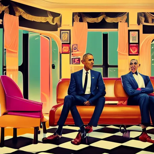 Image similar to illustration of nicki minaj sitting next to barack obama in a 6 0's vintage barbershop in queens, symmetrical, cinematic scene, brownish colors, hyper realistic, highly detailed faces, octane render, trending on artstation