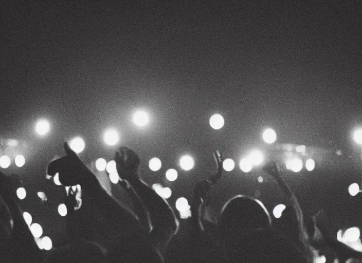 Image similar to a 2 8 mm macro photo from the back of a crowd at a rock concert festival in silhouette in the 1 9 6 0 s, bokeh, canon 5 0 mm, cinematic lighting, dramatic, film, photography, golden hour, depth of field, award - winning, 3 5 mm film grain