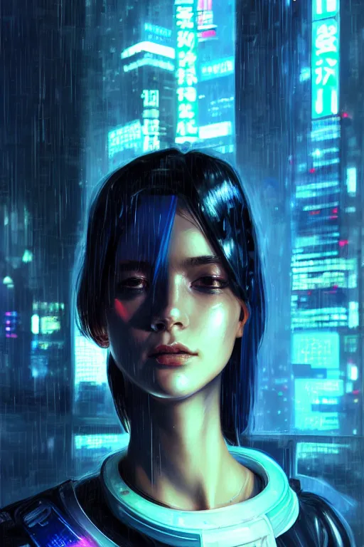 Prompt: portrait futuristic beautiful cyberpunk female police, in heavy rainning futuristic tokyo rooftop cyberpunk night, ssci-fi, fantasy, intricate, very very beautiful, elegant, neon light, highly detailed, digital painting, artstation, concept art, soft light, hdri, smooth, sharp focus, illustration, art by tian zi and craig mullins and WLOP and alphonse mucha