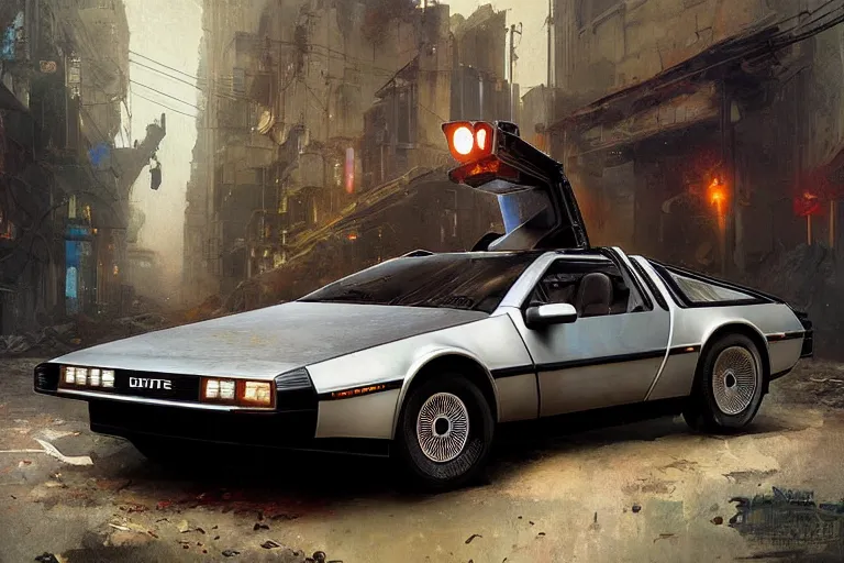 Image similar to photograph of the delorean, with a sleek spoiler, driving down the streets of a cyberpunk abandoned city, by greg rutkowski, by stanley artgerm, by alphonse mucha