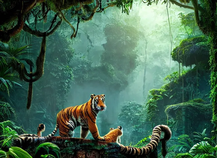 Image similar to a moist and misty jungle, a majestic tiger peeks through the brush, vines swoop in to frame, full color, depth of field, cinematic, digital art in the style of Disney live action the jungle book,