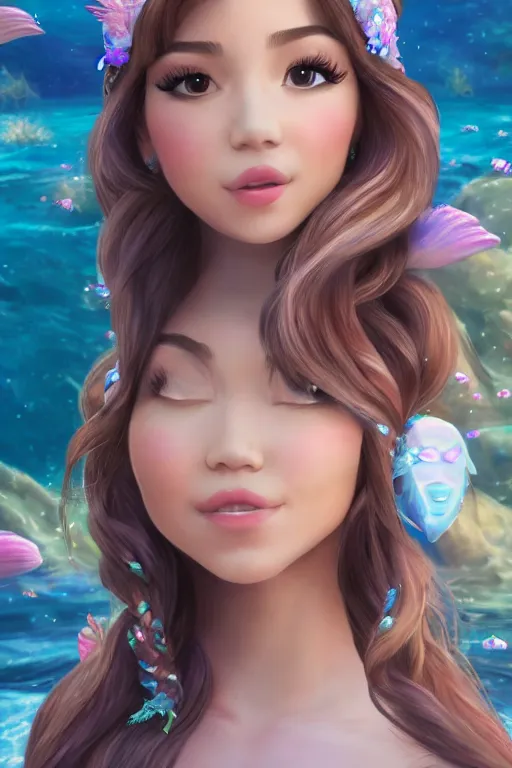 Image similar to pokimane in a mermaid outfit fantasy, highly detailed face, 8 k