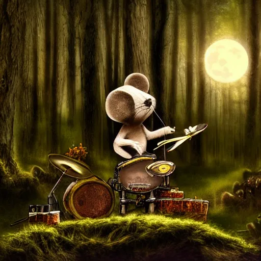 Image similar to mouse playing drums, fantasy forrest background, moonlight, digital art, detailed, medium shoot