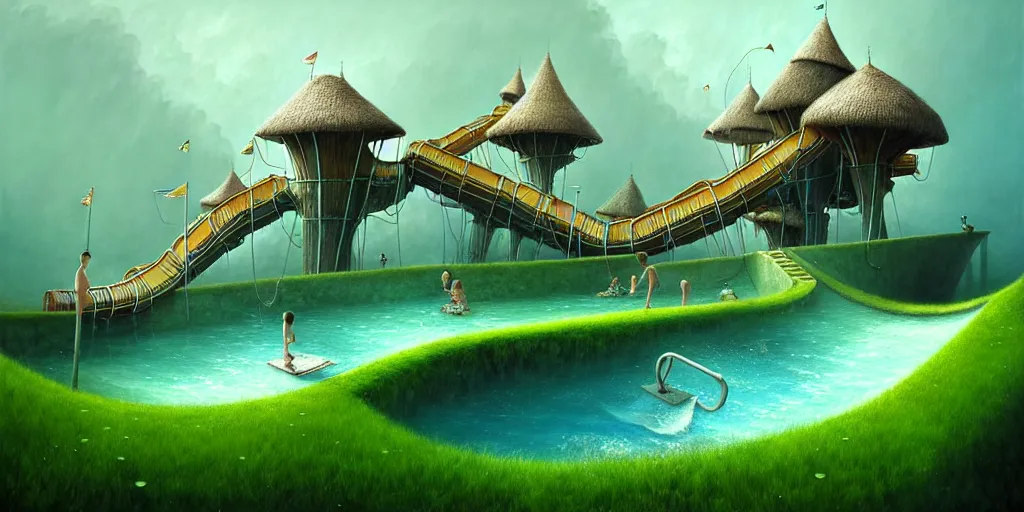 Image similar to gediminas pranckevicius waterpark painting by cinematic lighting, epic composition, highly detailed, infinite patch, fun, happy, ride, very long, endeless