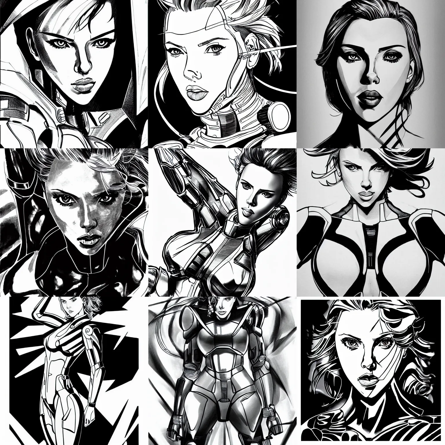 Prompt: scarlett johansson wearing mecha suit, black and white, dynamic angle, pencil and ink manga, elegant, highly detailed, dramatic lighting