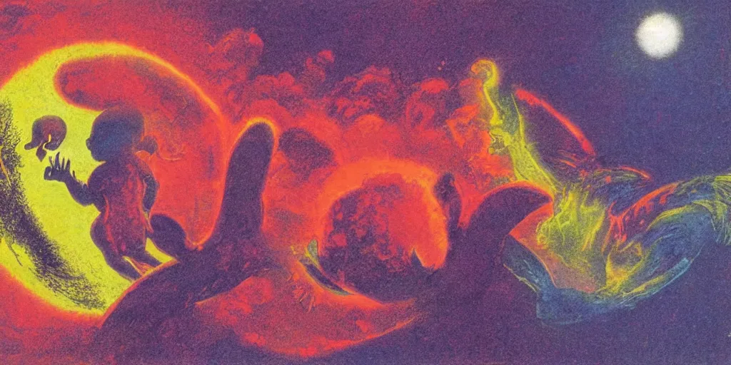 Image similar to dawn of creation; first atom; beings of light and darkness; ethereal plane. Bright neon colors. illustrated by maurice sendak and Stephen Gammell and ERIC CARLE