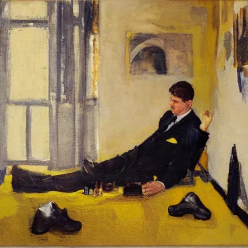 Prompt: man in yellow room, black suit, sitting pose, dean cornwell style