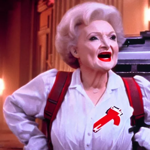 Image similar to stunning awe inspiring betty white as a ghostbuster in the movie ghostbusters, movie still 8 k hdr atmospheric lighting