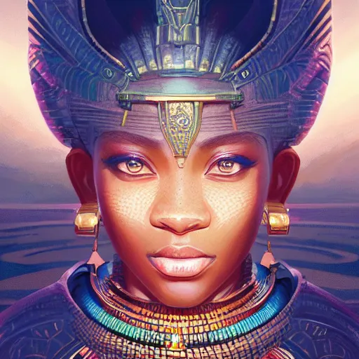 Image similar to highly detailed portrait of an african egyptian goddess, intricate alien technology, stephen bliss, unreal engine, fantasy art by greg rutkowski, loish, rhads, ferdinand knab, makoto shinkai and lois van baarle, ilya kuvshinov, rossdraws, tom bagshaw, global illumination, radiant light, detailed and intricate environment