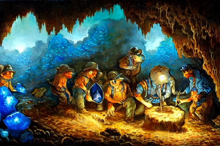 Prompt: portrait of group miners pepe digging deep cave trying to find blue crystals, an oil painting by ross tran and thomas kincade