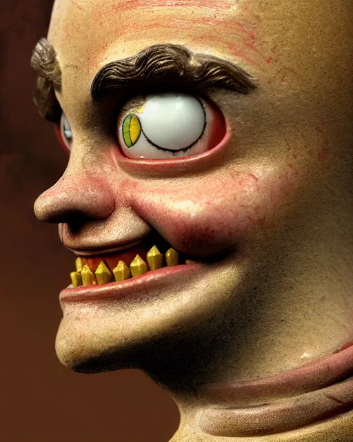 Image similar to highly detailed closeup, face profile portrait of a tin toy leonardo dicaprio as a medieval demon with horns eating cakes in a castle, hyper realistic, artstation, illustration, nicoletta ceccoli, mark ryden, lostfish, dan decarlo, bob clampett, max fleischer, digital paint, matte paint, vivid colors, detailed and intricate environment