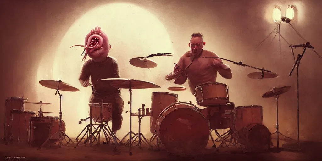 Prompt: blobfish play on drums greg rutkowski