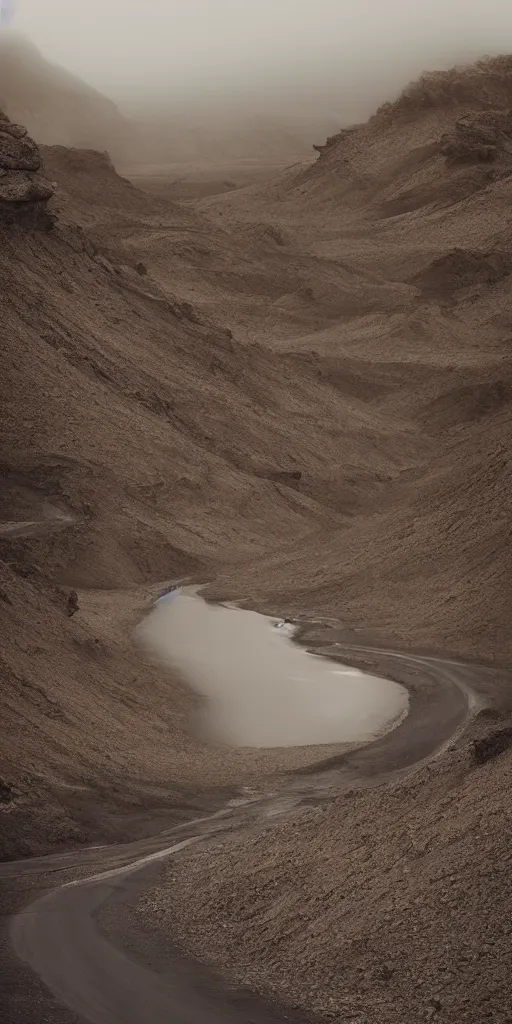 Prompt: dream looking through a hyper realistic photograph of desert canyon, minimal structure, misty, raining, meditative, icelandic valley, river, in the style of reuben wu, roger deakins