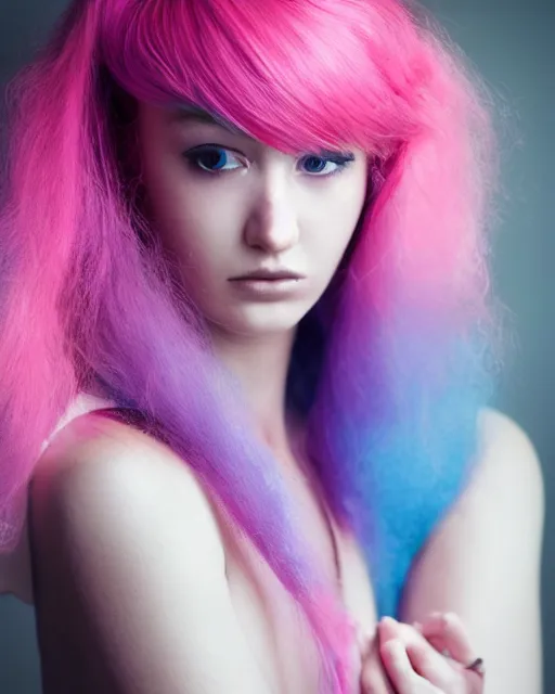 Image similar to a dramatic lighting photo of a beautiful young woman with cotton candy hair. with a little bit of cyan and pink