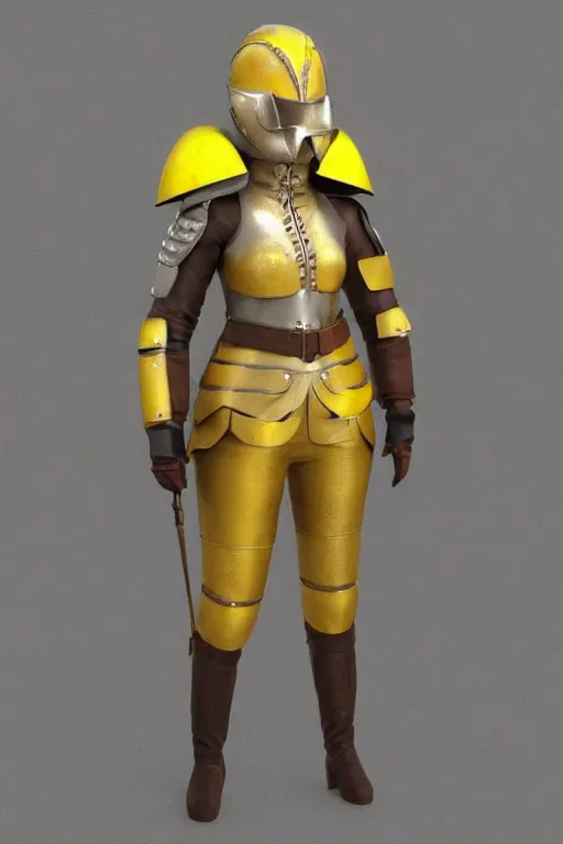 Image similar to female adventurer in tight full - body canary yellow gambeson leather armor of italian design with diamond pattern and brown leather accents and a closed armet helmet with white porcelain swan mask, trending in artstation, establishing shot