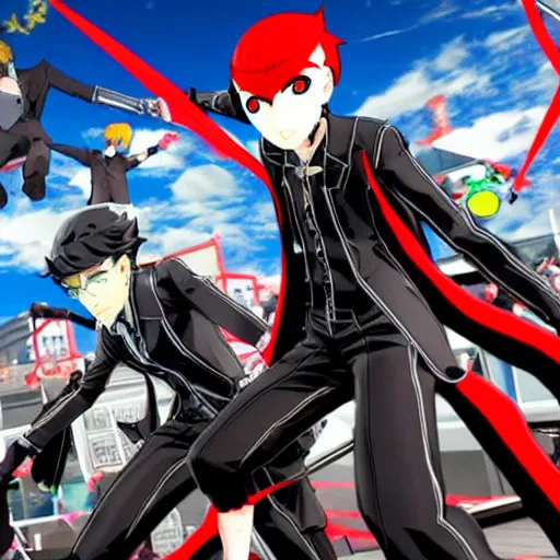 Image similar to A photo of the Phantom Thieves lined up and striking action poses.