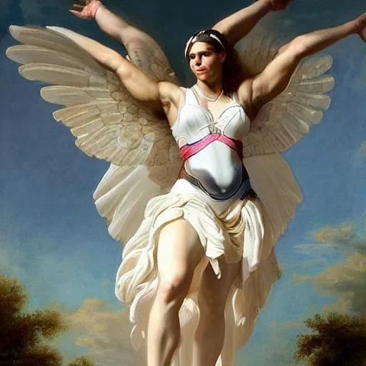 Image similar to full body portrait of serena williams as nike goddess with perfect hands, large wings, luxuriant, dreamy, eternity, romantic, strong pose, highly detailed, in the style of franz xaver winterhalter, highly detailed, in the style of aetherpunk