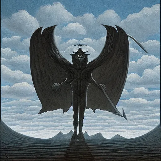 Image similar to composed, offhand by jacek yerka, by jeffrey t. larson. land art. a large, muscular demon - like creature with wings, standing in a dark, hellish landscape. the creature has red eyes & sharp teeth, & is holding a large sword in one hand.