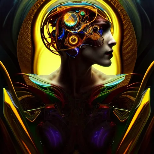 Prompt: extremely psychedelic beautiful cyborg god infected by night. intricate, elegant, highly detailed, extremely lifelike photorealistic digital painting, artstation. steichen, gaston bussiere, tom bagshaw, cyberpunk alphonse mucha. elegant minimalism. anatomically correct. sharp focus. black and gold. surreal lush cosmic hallucination