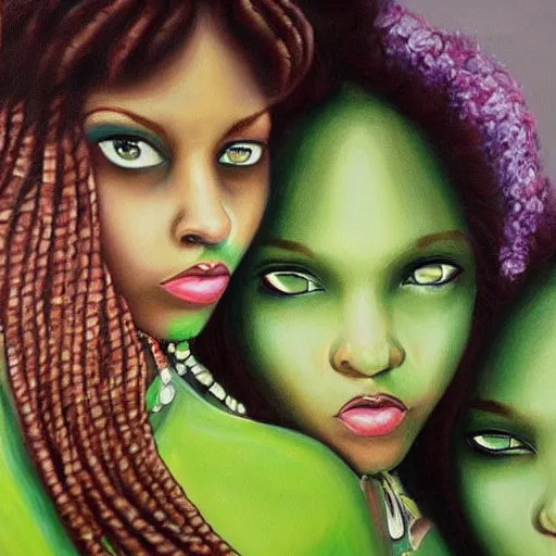 Image similar to a highly detailed painting. Beautiful twin sisters are being looked at by the musician Prince. He is green with jealousy. Trending on Artstation.