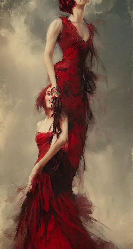 Prompt: one person only. One head only. Long flowing dress. Solomon Joseph Solomon and Richard Schmid and Jeremy Lipking victorian genre painting portrait painting of a young beautiful woman punk rock goth with punk rock haircut in fantasy costume, red background