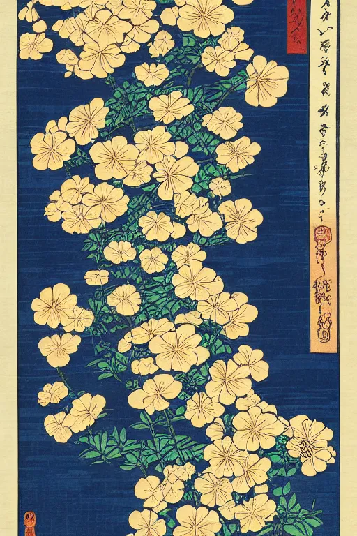 Prompt: Japanese woodblock print of r2d2 amongst the flowers, hokusai