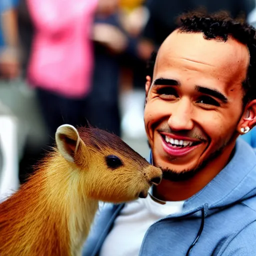 Image similar to an award winning photo of lewis hamilton holding a baby capybara, 4 k