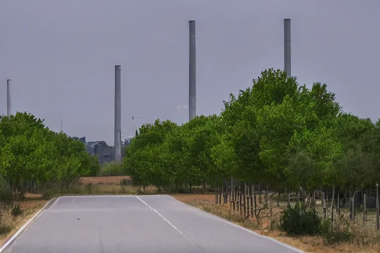 Image similar to a centered road next to warehouses, and a tree hill background with a radio tower on top, 3 0 0 mm telephoto lens