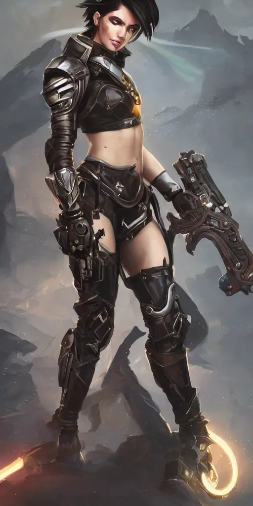 Image similar to beautiful female inquisitor with a face of Tracer, warhammer 40k, leather armor, bolt pistol in one hand, chainsword in the other, tight leather leggins, full body, ultra facial detail, Tooth Wu Artgerm Greg Rutkowski artstation deviantart, 8k, fanart, extreme aesthetic