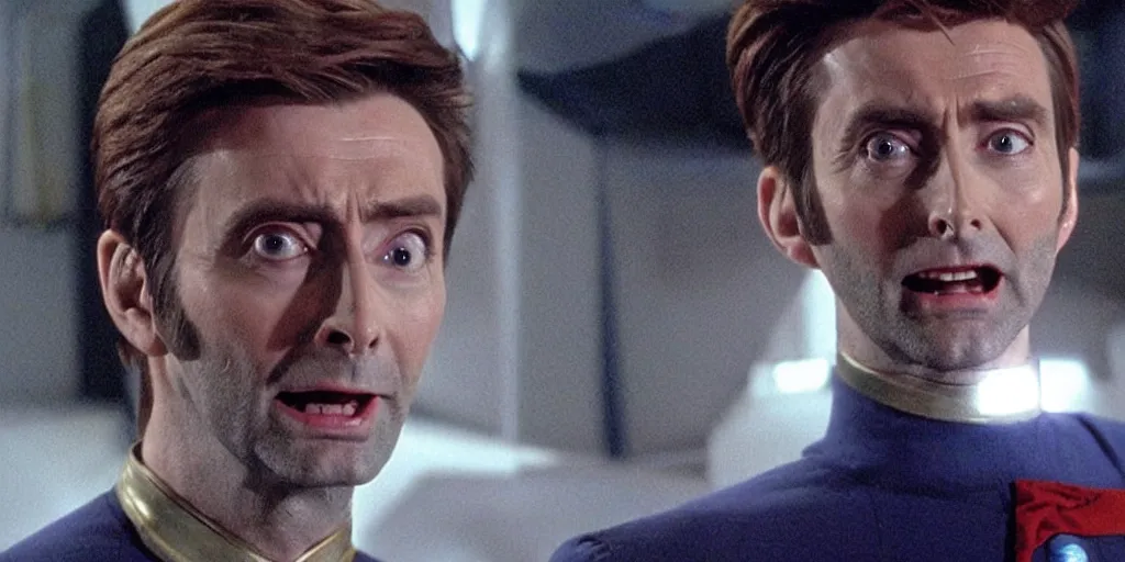 Image similar to David Tennant as Doctor Who, in Starfleet uniform, in the role of Captain Kirk in a scene from Star Trek the original series