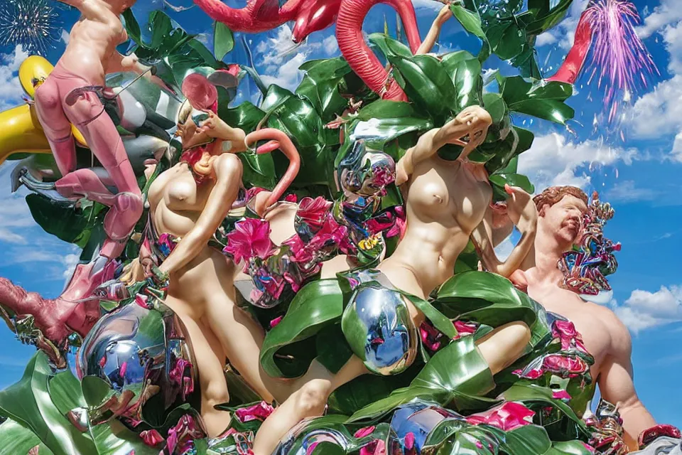 Prompt: an extreme close - up of a statue chrome cyborg lycra nymph battling a giant inflatable flamingo pool float, christmas cactus arnold schwarzenegger and monstera plants, fireworks thick smoke, by jeff koons, hajime soryama, boris vallejo, artgerm, greg rutkowski, alphonse mucha