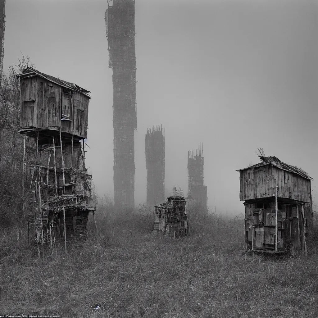 Image similar to two giant towers, made up of makeshift squatter shacks, misty, dystopia, mamiya rb 6 7, fully frontal view, very detailed, photographed by tarkovsky