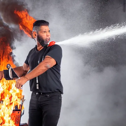 Image similar to Miguel Díaz Canel fighting a giant fire with a extinguisher photorealistic 4K studio photo