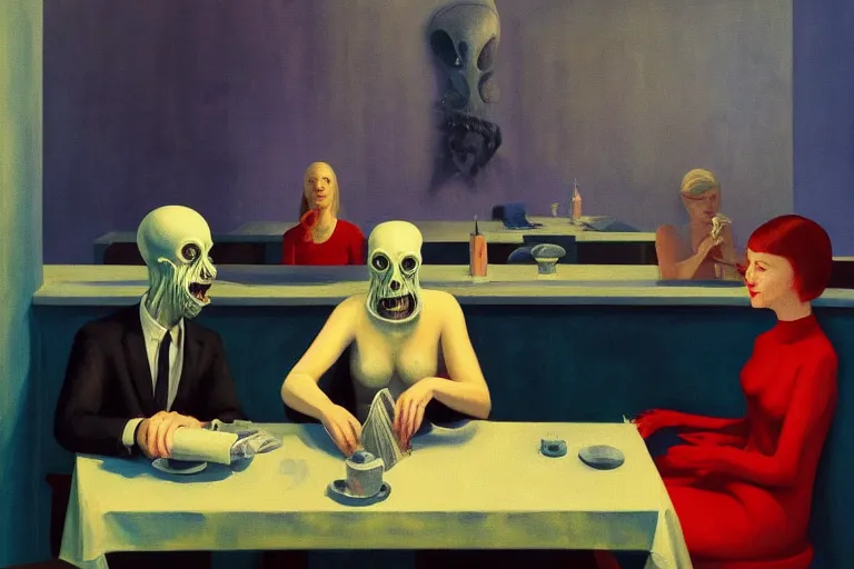 Image similar to hideous terrifying ghastly foul cronenberg monsters relaxing at a cafe. ( a waiter is pouring coffee. one monster is reading a newspaper. painting by edward hopper, 3 d rendering by beeple, 8 k, comfy wretched mutants )