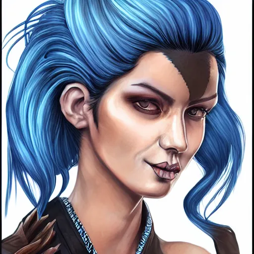 Prompt: illustrated realistic portrait of swept-back prong-horned devil woman with blue bob hairstyle and her tan colored skin and with solid black eyes wearing leather by rossdraws