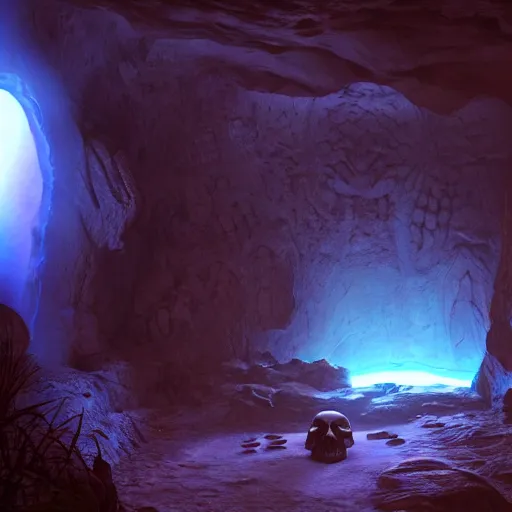 Image similar to a large translucent skull blocking the entrance to a cave emanating a blue glow, subsurface scattering, volumetric lighting, rendered in unreal engine, 3 d volumetric light, caustic reflection, adventure mystery cave