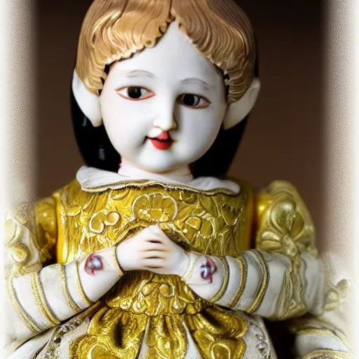 Image similar to ball-jointed doll, porcelain with golden intricate details, dark background