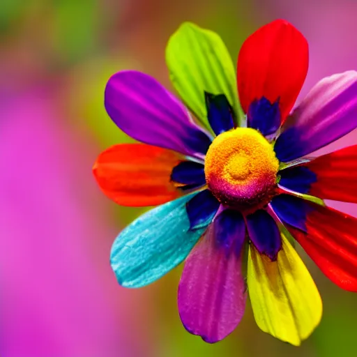 Image similar to closeup photo of rainbow - colored flower with 7 petals, held by hand, shallow depth of field, cinematic, 8 0 mm, f 1. 8