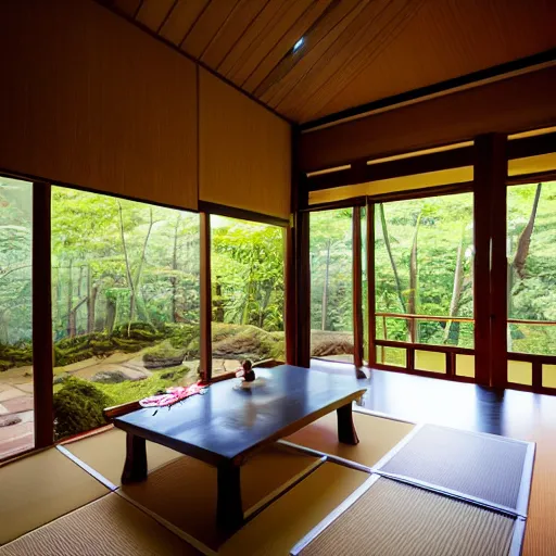 Image similar to inside a cozy dark wooden Japanese house with a indoor koi pond, bonsai trees, stream flowing through the house,fireflies, wild flowers, raining, bamboo forest, evening time, peaceful, calm, atmospheric